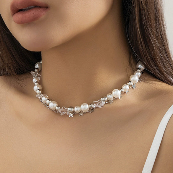 Jewelry Imitation Pearl Alloy Star Beaded Necklace With Electroplating