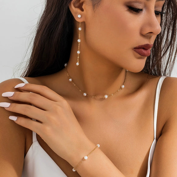 Jewelry Imitation Pearl Ball Chain Necklace Geometric French Retro Electroplating Women's