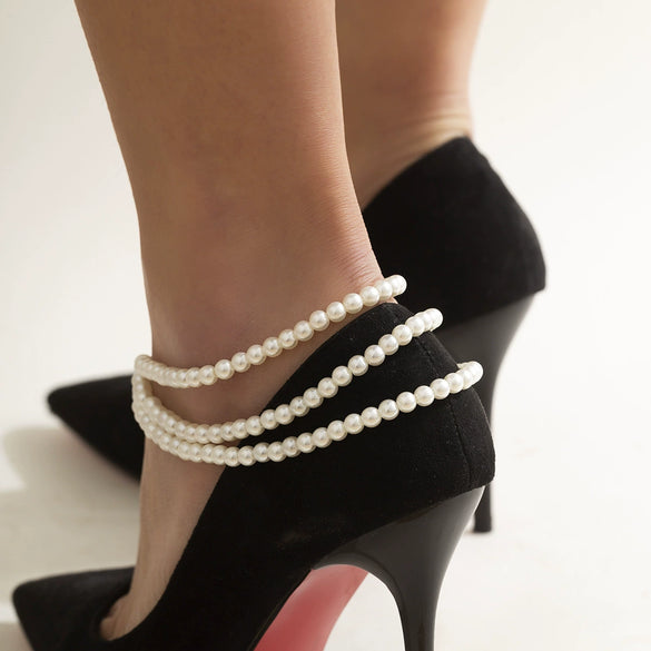 Jewelry Imitation Pearl Beaded Tassel Geometric Anklet For Women