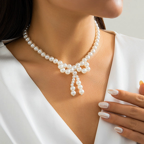 Jewelry Imitation Pearl Bow Handmade Beaded Knotted Necklace For Women