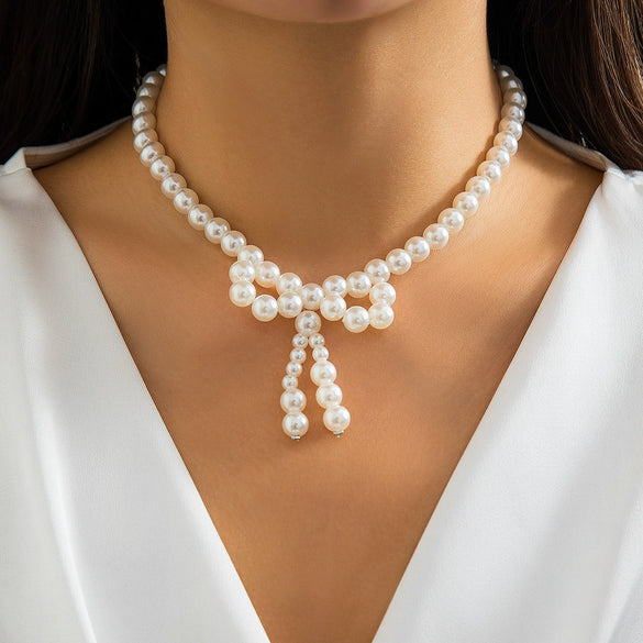 Jewelry Imitation Pearl Bow Handmade Beaded Knotted Necklace For Women