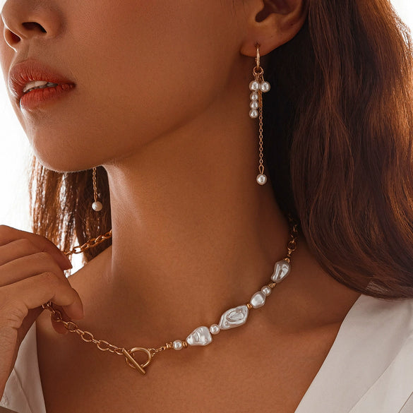 Jewelry Imitation Pearl Cross Alloy Chain Electroplated Geometric Clavicle Chain