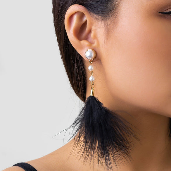 Jewelry Imitation Pearl Feather Tassel Handmade Geometric Earrings For Women