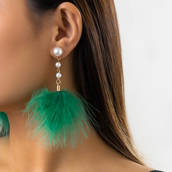 Jewelry Imitation Pearl Feather Tassel Handmade Geometric Earrings For Women