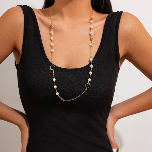Jewelry Imitation Pearl Geometric Ball Chain Long Chain Necklace Electroplated For Women