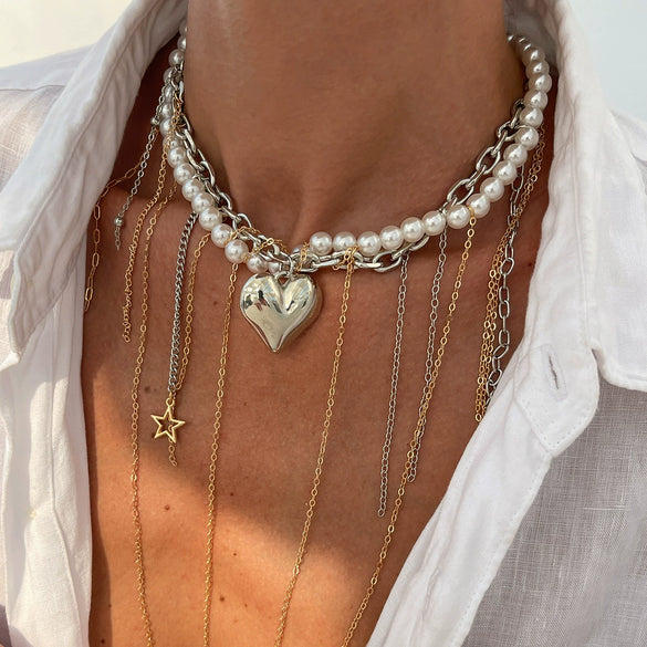 Jewelry Imitation Pearl Iron Pendant Necklace Geometric Heart Shape Electroplating For Women