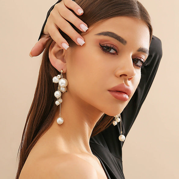 Jewelry Imitation Pearl Metal Beaded Tassel Earrings Geometric Style Electroplated For Women