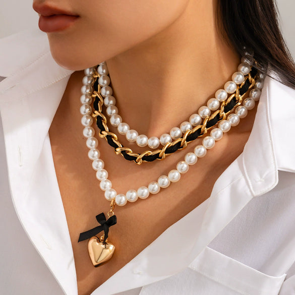 Jewelry Imitation Pearl Necklace Baroque Style Stacking Heart Shape Bow Tie Geometric