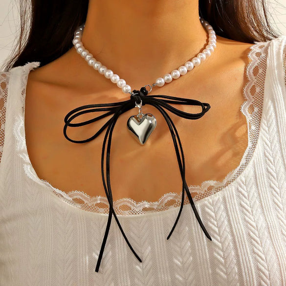 Jewelry Imitation Pearl Organic Glass Heart Bow Style Clavicle Chain Women's Necklace
