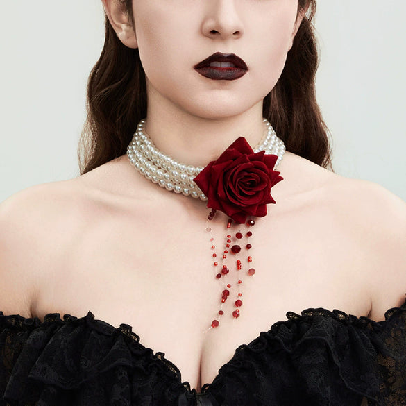 Jewelry Imitation Pearls Cloth Strips Imitation Crystal Flower Pattern Electroplating Cool Style Clavicle Chain