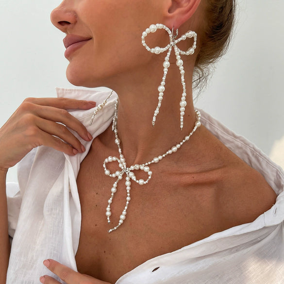 Jewelry Imitation Pearls Rice Beads Bow Electroplated Simple Women's Earrings Necklace