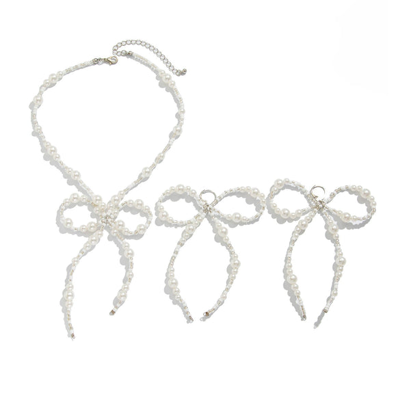 Jewelry Imitation Pearls Rice Beads Bow Electroplated Simple Women's Earrings Necklace