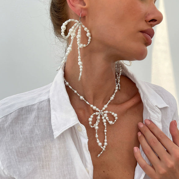 Jewelry Imitation Pearls Rice Beads Bow Electroplated Simple Women's Earrings Necklace