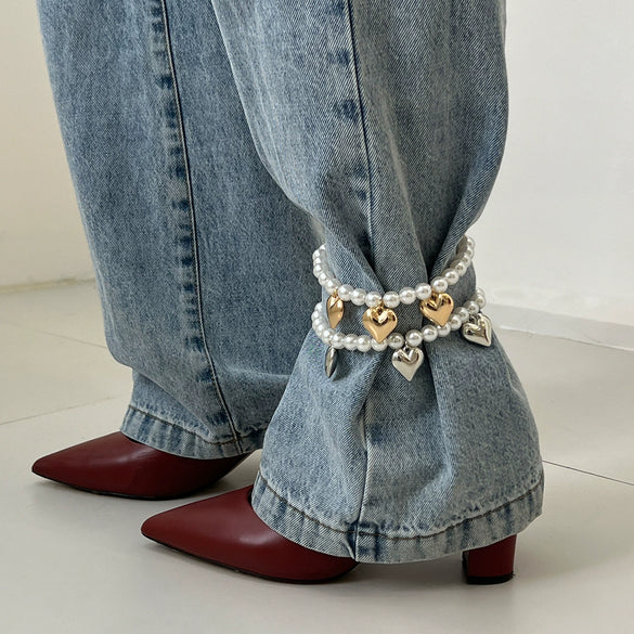 Jewelry Ins Style Imitation Pearl Beaded Heart Pendant Anklet