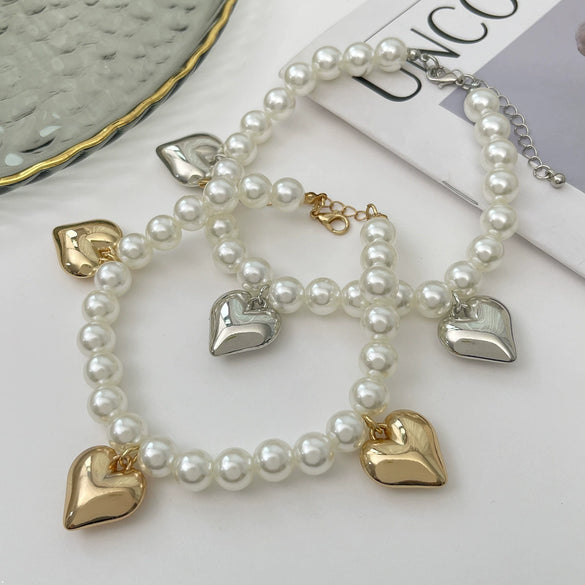 Jewelry Ins Style Imitation Pearl Beaded Heart Pendant Anklet