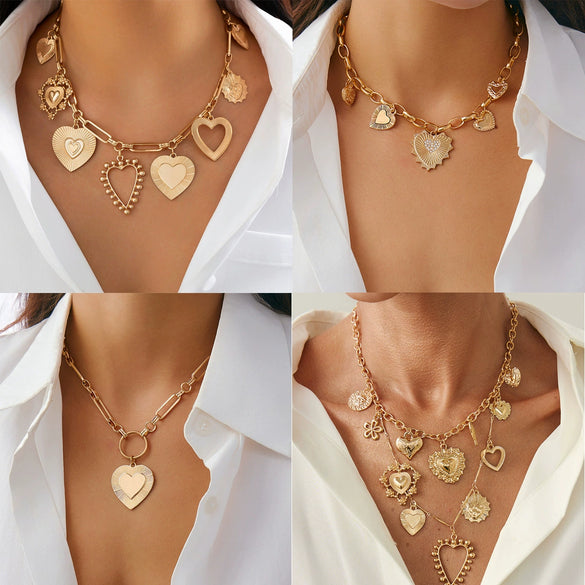 Jewelry Iron Chain Alloy Heart Shape Pendant Clavicle Chain Metallic Stripe Electroplating For Women