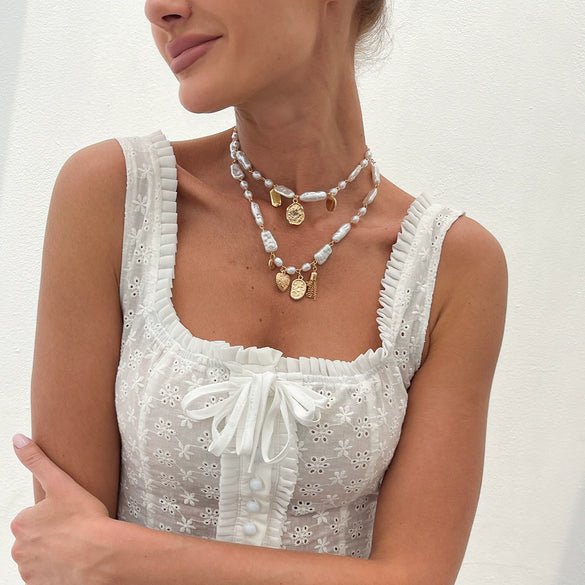 Jewelry Iron Chain Imitation Pearl Alloy Geometric Cross Pendant Necklace For Women With Electroplating Design