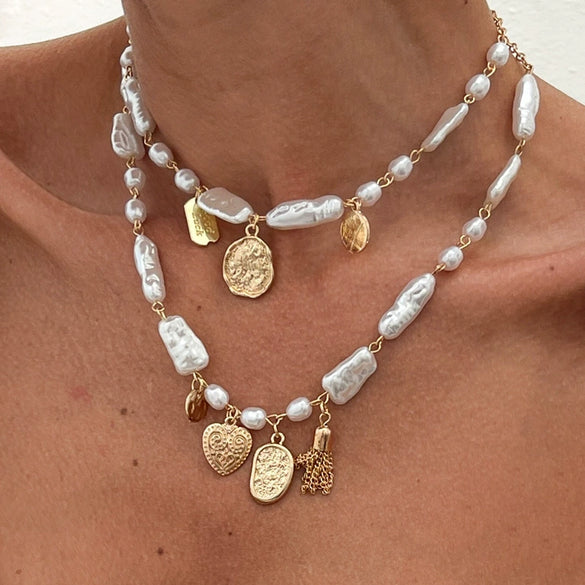 Jewelry Iron Chain Imitation Pearl Alloy Geometric Cross Pendant Necklace For Women With Electroplating Design