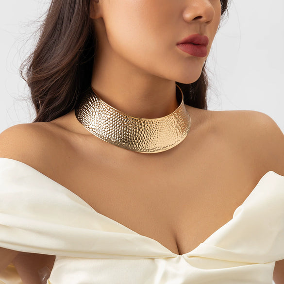 Jewelry Iron Geometric Corrugated Collar Necklace And Pockmarked Ring For Women