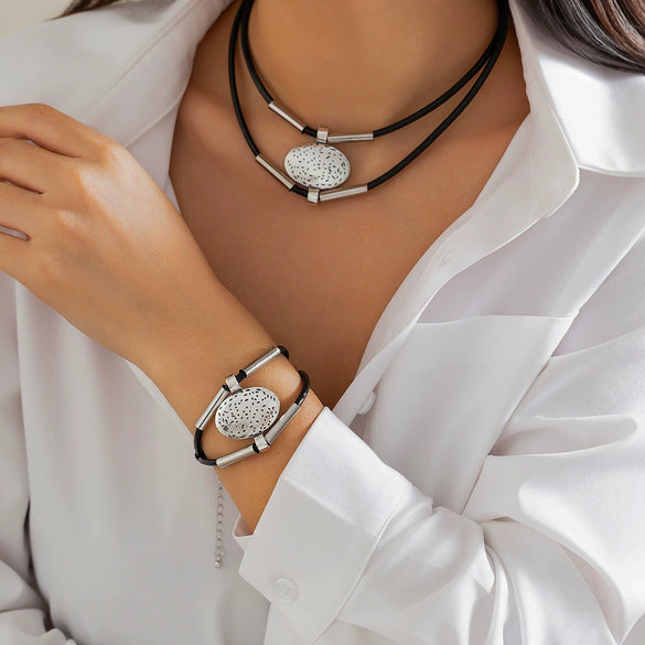 Jewelry Leather Wax Thread Alloy Hiphop Geometric Cylindrical Multilayer Clavicle Chain Necklace Set