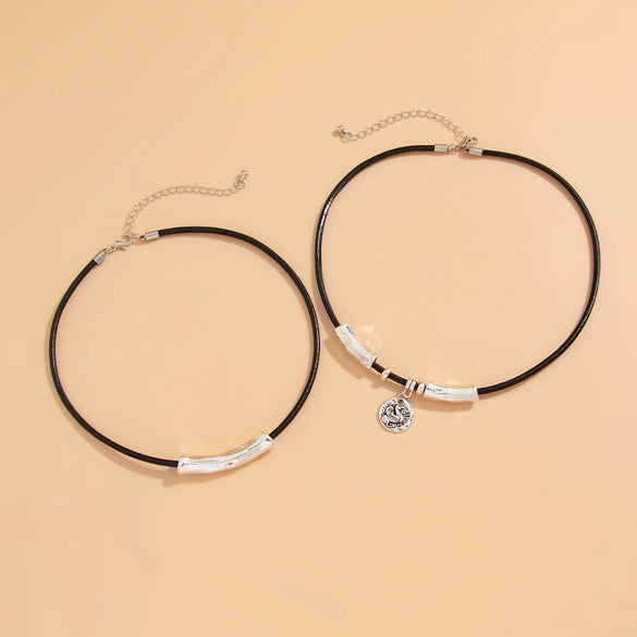 Jewelry Leather Wax Thread Alloy Hiphop Geometric Cylindrical Multilayer Clavicle Chain Necklace Set