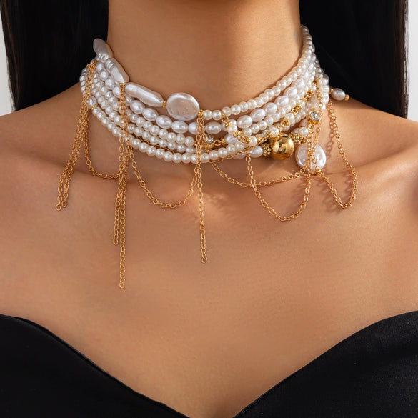 Jewelry Light Luxury Alloy And Imitation Pearl Multilayer Tassel Necklace With Geometric Pattern And Electroplating