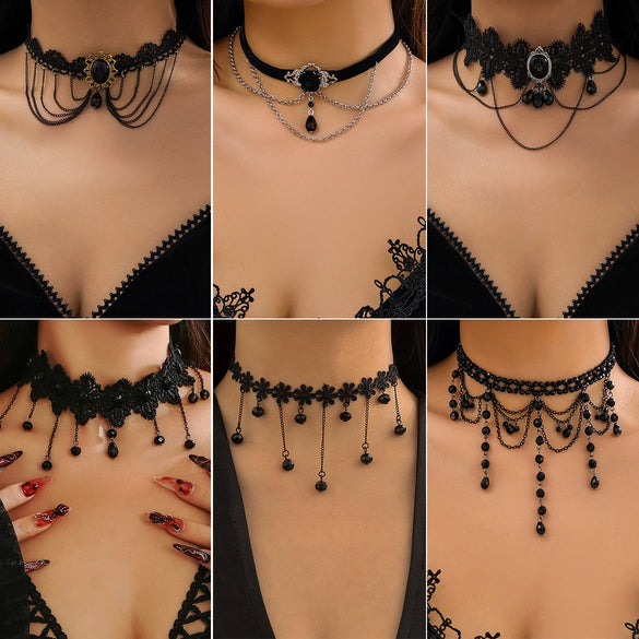 Jewelry Lolita Lace Imitation Crystal Black Gothic Wind Water Drop Tassel Handmade Women's Choker Necklace With Flower Pattern