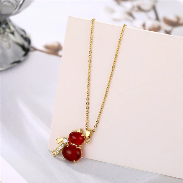 Jewelry Lucky Red Agate Gourd Pendant With Diamonds Titanium Steel Necklace For Women