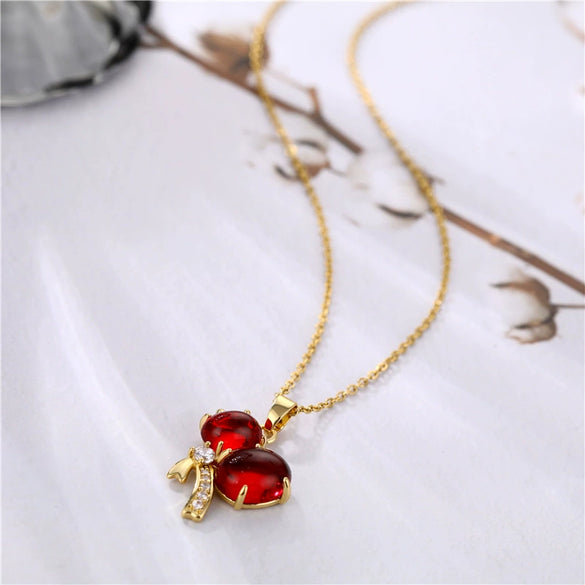 Jewelry Lucky Red Agate Gourd Pendant With Diamonds Titanium Steel Necklace For Women