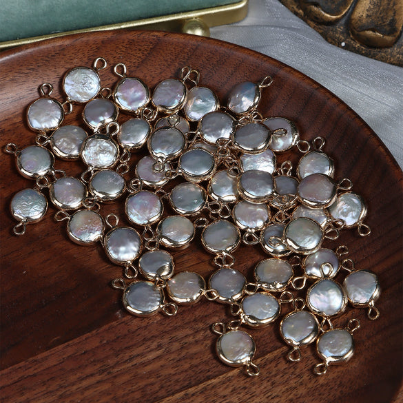Jewelry Material Natural Freshwater Pearl Copper Gold Plated Double Hanging Button Edging Baroque Round