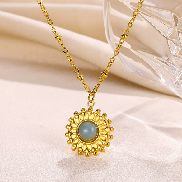 Jewelry Medieval Style Stainless Steel Geometric Turquoise Pendant Clavicle Chain With Mixed Gemstone Inlay And Electroplating
