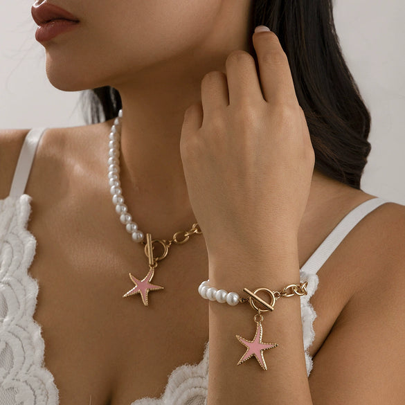 Jewelry Metal Alloy Ball Chain Starfish Pendant Necklace With Star Geometric Pattern Dripping Oil Treatment