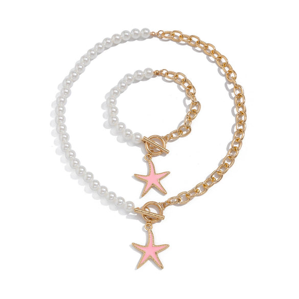 Jewelry Metal Alloy Ball Chain Starfish Pendant Necklace With Star Geometric Pattern Dripping Oil Treatment