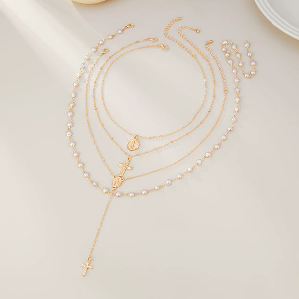 Jewelry Metal Alloy Pendant Necklace With Geometric Pattern Copperclad Iron And Pearl Chain Electroplated For Women