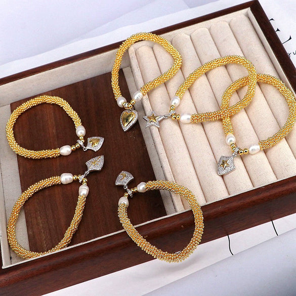 Jewelry Metal Beaded Star Moon Pendant Heart Shape Micropaved Bracelet