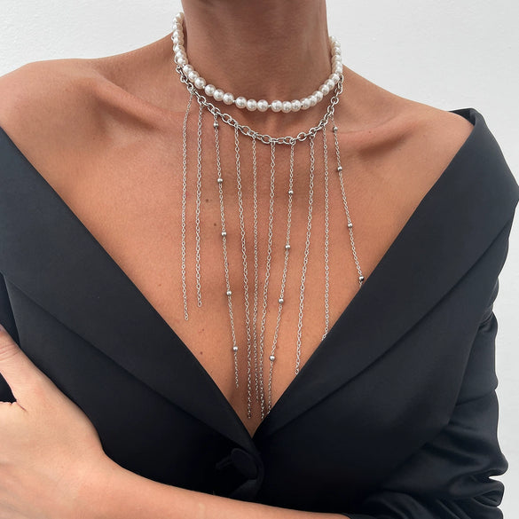 Jewelry Metal Cross Pendant Necklace Imitation Pearl Iron Chain Copper Clad Chain Alloy Pendant Geometric Electroplated