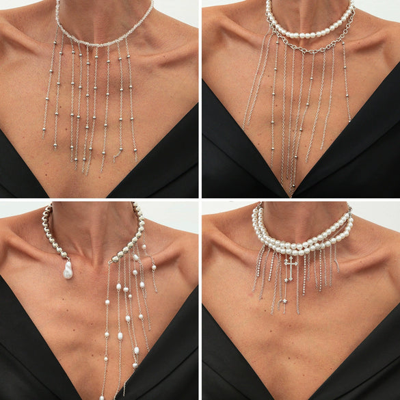 Jewelry Metal Cross Pendant Necklace Imitation Pearl Iron Chain Copper Clad Chain Alloy Pendant Geometric Electroplated