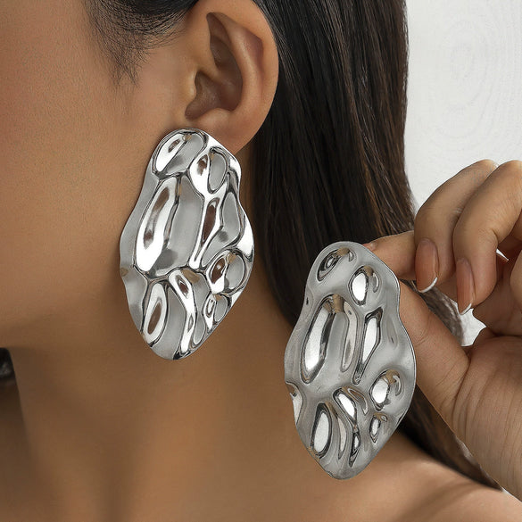 Jewelry Metal Geometric Corrugated Pockmarked Round Pleated Earrings Electroplated