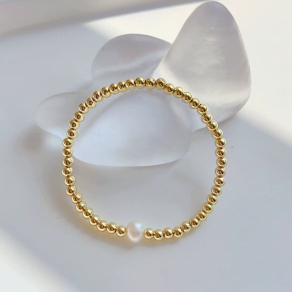 Jewelry Metal Geometric Handwoven Elastic Bracelet For Women With Natural Pearl