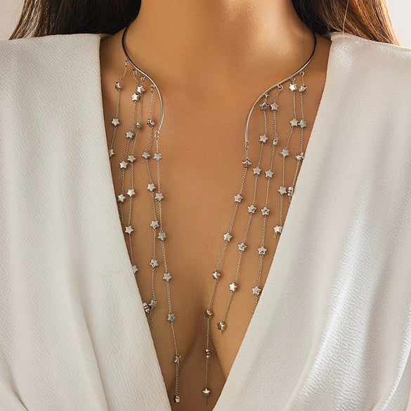 Jewelry Metal Imitation Pearl Pendant Collar Tassel Open Choker Necklace With Geometric Pattern And Electroplating Treatment