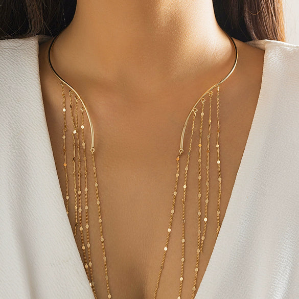 Jewelry Metal Imitation Pearl Pendant Collar Tassel Open Choker Necklace With Geometric Pattern And Electroplating Treatment
