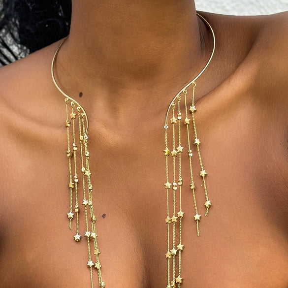 Jewelry Metal Imitation Pearl Pendant Collar Tassel Open Choker Necklace With Geometric Pattern And Electroplating Treatment