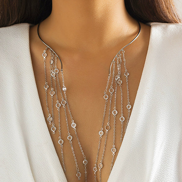 Jewelry Metal Imitation Pearl Pendant Collar Tassel Open Choker Necklace With Geometric Pattern And Electroplating Treatment