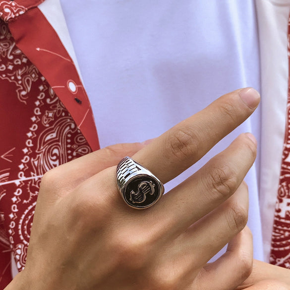 Jewelry Metal Men's Ring Geometric Pattern Oiling Punk Style Dollar Symbol