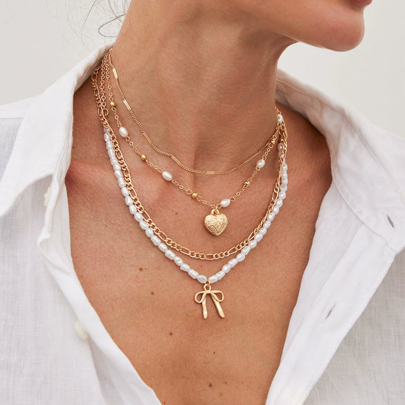 Jewelry Metal Necklace With Multilayer Bow And Love Pendant Imitation Pearls Alloy Electroplating For Women