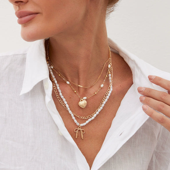 Jewelry Metal Necklace With Multilayer Bow And Love Pendant Imitation Pearls Alloy Electroplating For Women