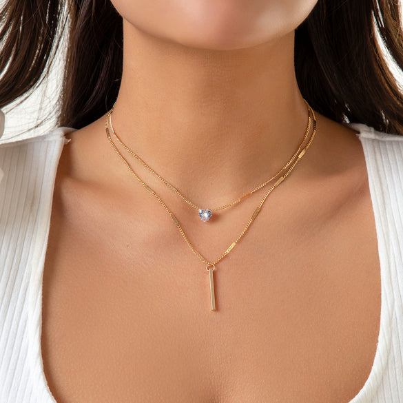 Jewelry Metal Organic Glass Heartshaped Geometric Doublelayer Microinlaid Electroplated Ochain Necklace For Women