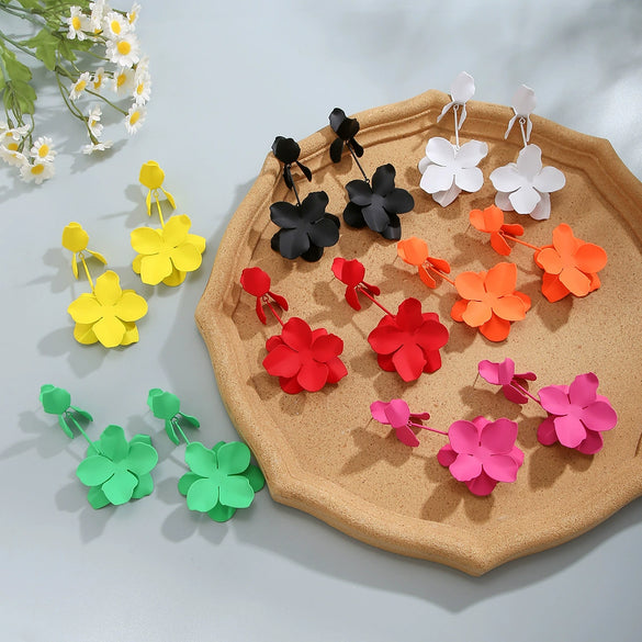 Jewelry Metal Petal Flower Baking Varnish Women's Tassel Earrings