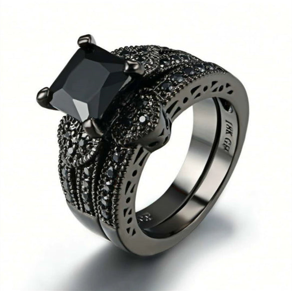 Jewelry Metal Ring With Inlaid Black Zircon Leaves Geometric Style Electroplating