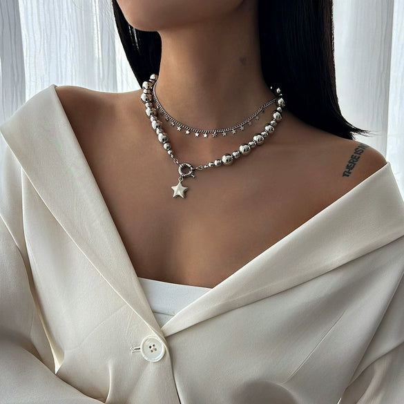 Jewelry Metal Star Shape Pendant Choker Necklace For Women Iron Chain And Alloy Material Ball Chain Style Minimalist Design